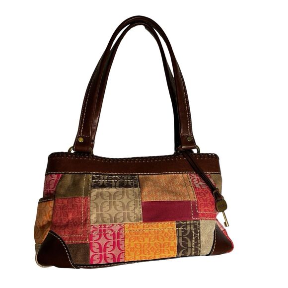 Fossil Patchwork Multicolored Purse With Zipper, Side Pockets. Brown Trim/straps - Picture 9 of 12